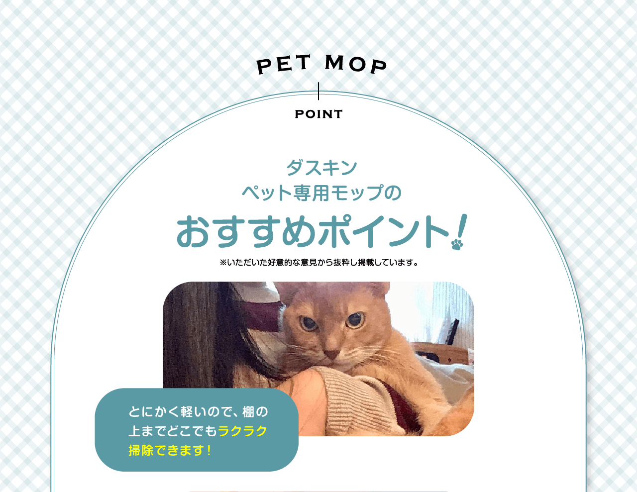 ダスキンペット専用モップのおすすめポイントとにかく軽いので、棚の上までどこでもラクラク掃除できます！