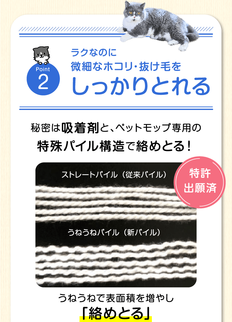 Point2　ラクなのに微細なホコリ・抜け毛をしっかりとれる　秘密は吸着剤と、ペットモップ専用の特殊パイル構造で絡めとる！特許出願済　ストレートパイル（従来パイル）うねうねパイル（新パイル）うねうねで表面積を増やし「絡めとる」